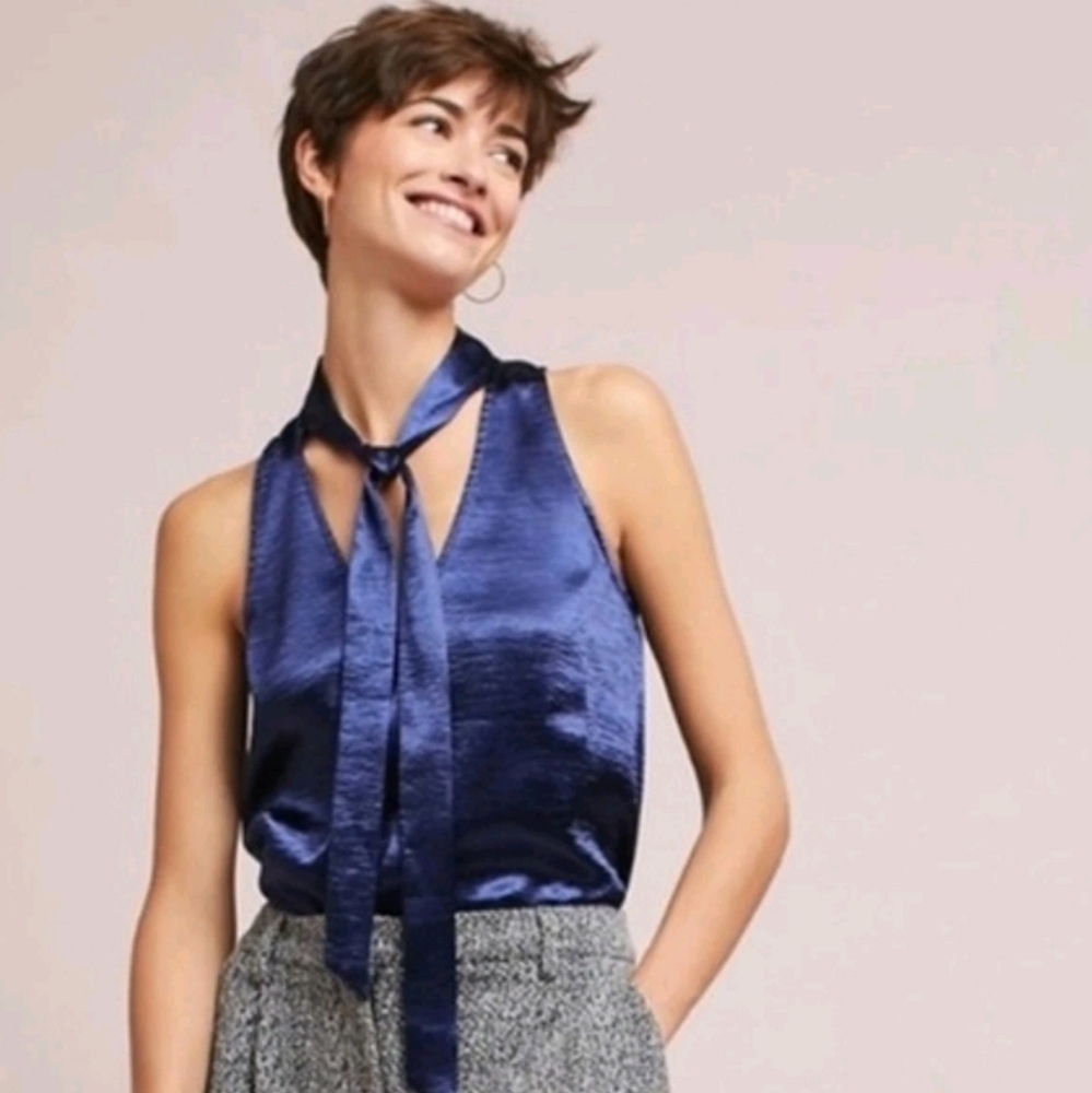 MAEVE x Anthropologie Silky Blue Tie Neck Blouse In XS